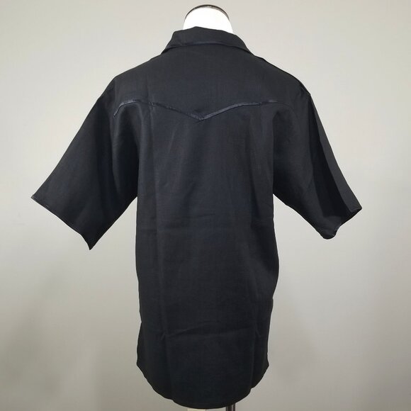 Vintage Bellagio S Black Linen Blouse Short Sleeve Top Western Yoke Satin Trim - Picture 4 of 9